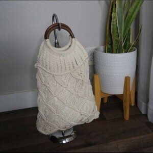 Ivory Knit Bag with Wooden Handles Summer Bohemian Style